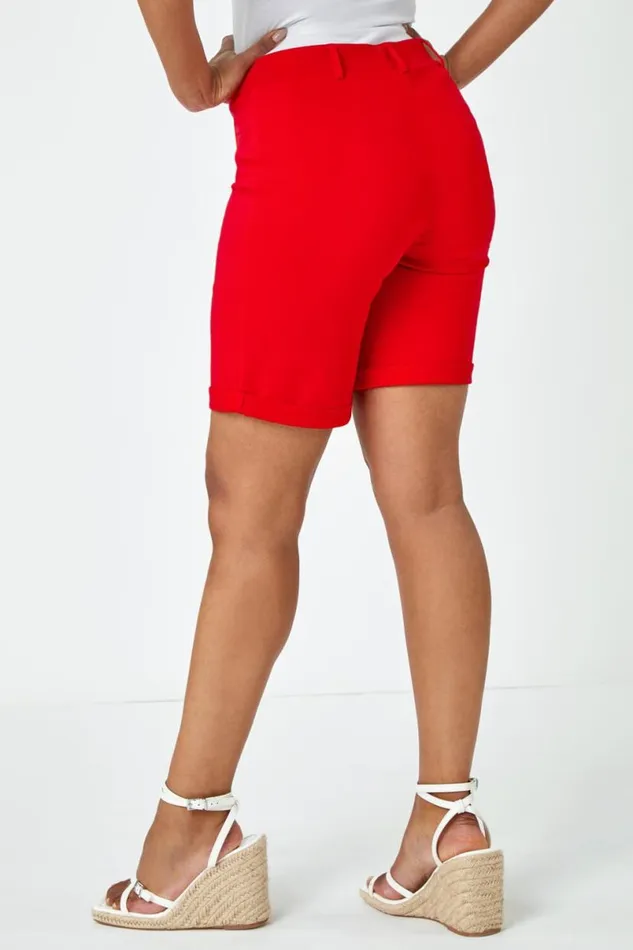 Red Petite Turned Hem Elastic Waist Shorts Women Roman Shorts