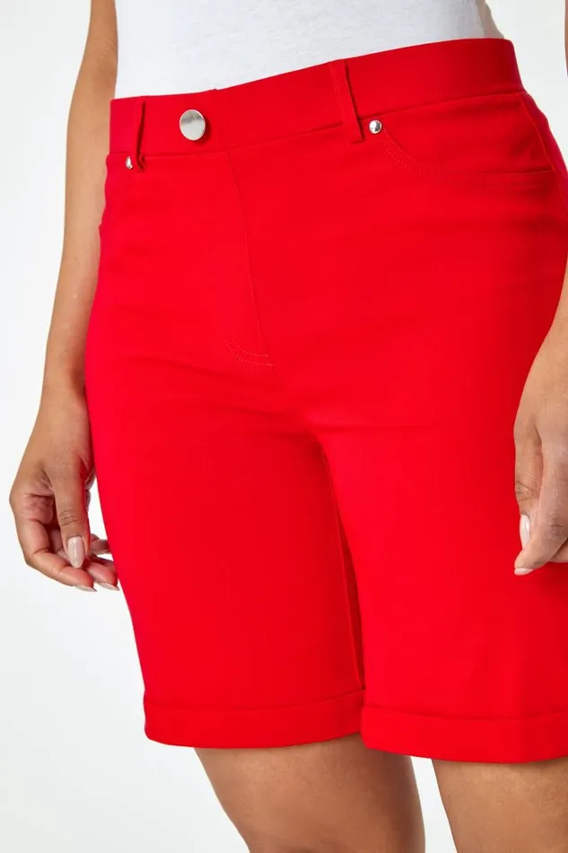 Red Petite Turned Hem Elastic Waist Shorts Women Roman Shorts
