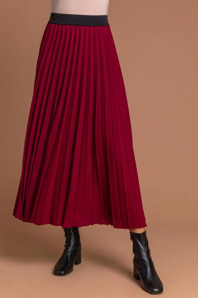 Red Pleated Maxi Skirt Women Roman Skirts