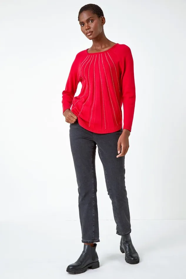 Red Sparkle Detail Stretch Knit Jumper Women Roman Knitwear