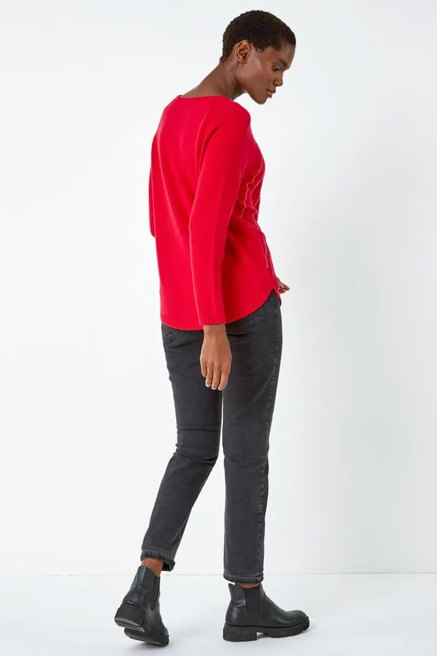 Red Sparkle Detail Stretch Knit Jumper Women Roman Knitwear