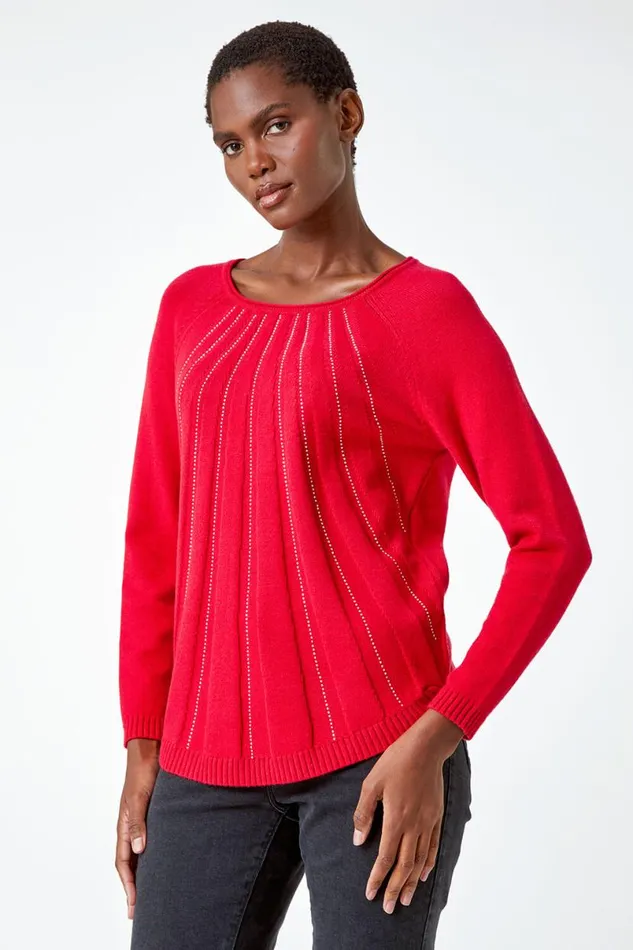 Red Sparkle Detail Stretch Knit Jumper Women Roman Knitwear