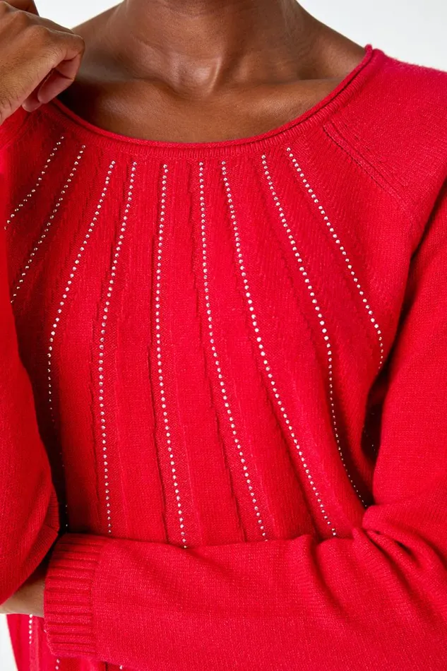 Red Sparkle Detail Stretch Knit Jumper Women Roman Knitwear