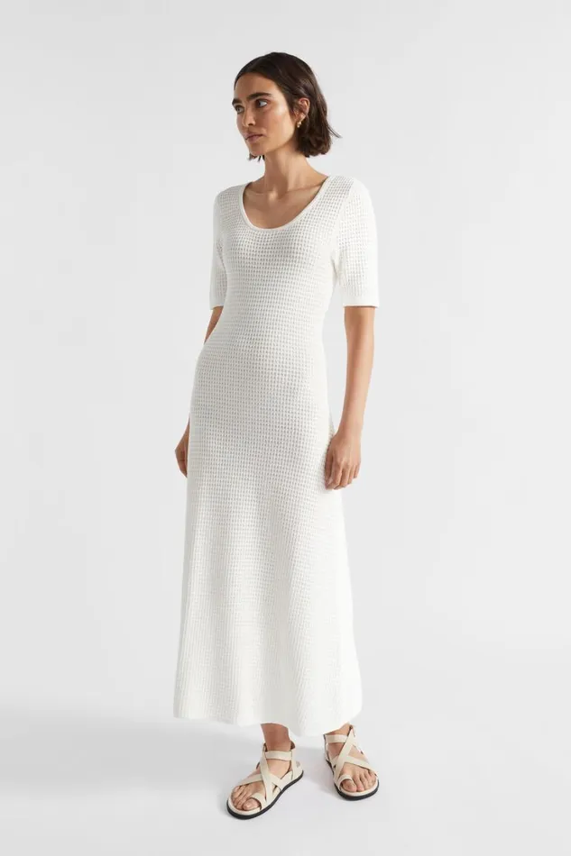 Resort Woman Seed Heritage Crochet Knit Flared Dress Cloud Cream