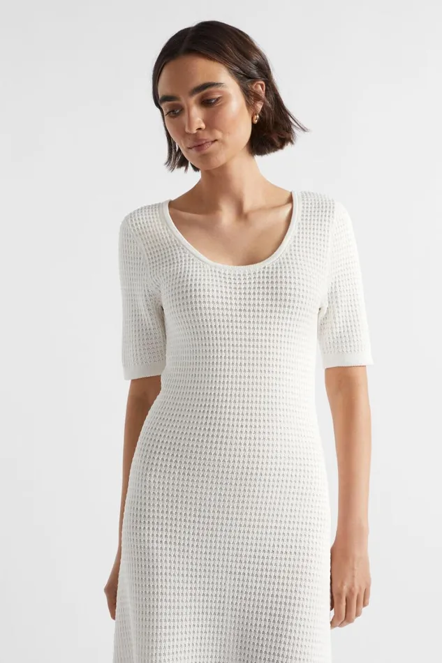 Resort Woman Seed Heritage Crochet Knit Flared Dress Cloud Cream