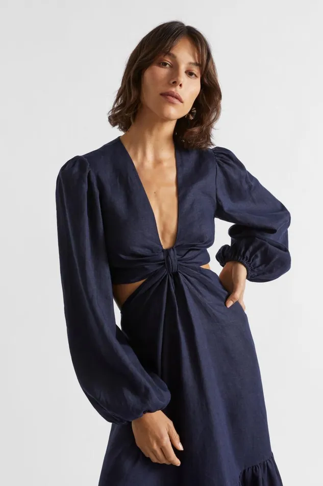 Resort Woman Seed Heritage Linen Knot Front Midi Dress Midnight Sky