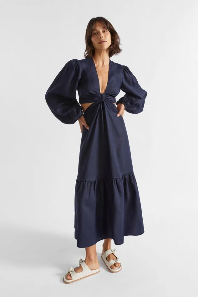 Resort Woman Seed Heritage Linen Knot Front Midi Dress Midnight Sky