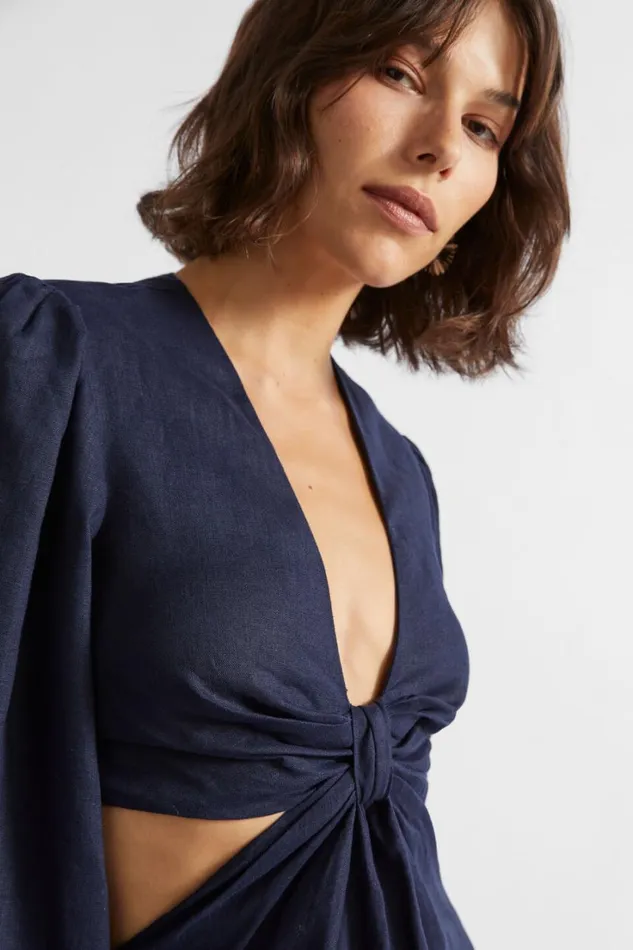 Resort Woman Seed Heritage Linen Knot Front Midi Dress Midnight Sky