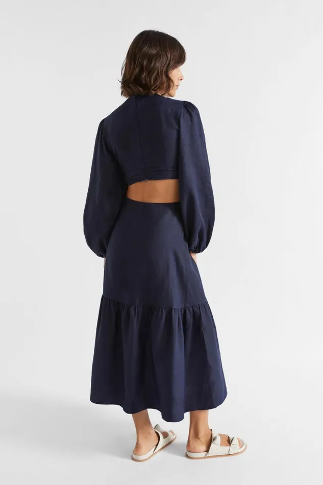 Resort Woman Seed Heritage Linen Knot Front Midi Dress Midnight Sky