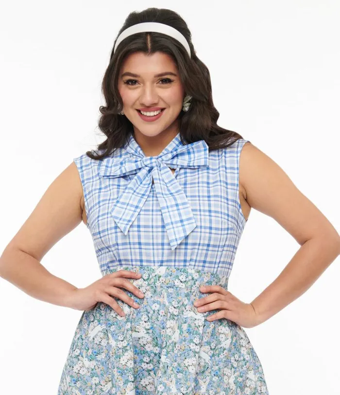 Retrolicious 1950s Blue Plaid Cotton Bow Top Clothing Unique Vintage Blouses
