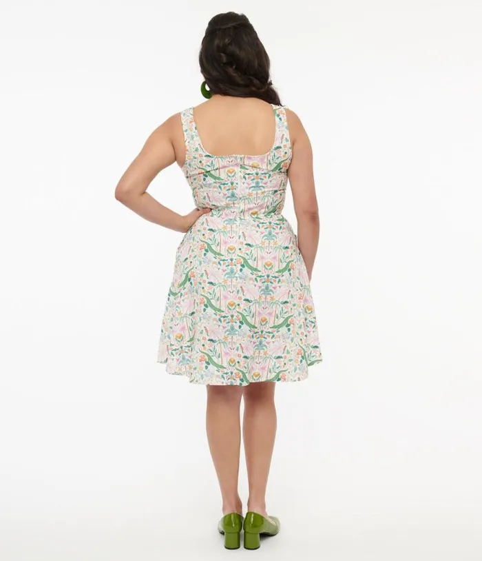 Retrolicious 1950s White and Tropical Print Cotton Skater Dress Dresses Unique Vintage Pocket Dresses