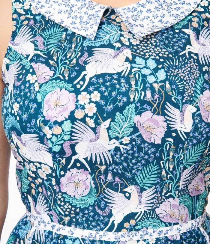 Retrolicious Blue Pegasus and Floral Flare Dress DressesPlus Unique Vintage Pocket Dresses