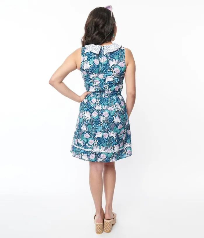Retrolicious Blue Pegasus and Floral Flare Dress DressesPlus Unique Vintage Pocket Dresses