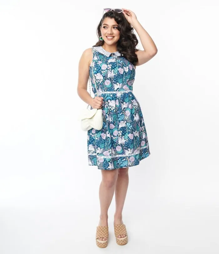 Retrolicious Blue Pegasus and Floral Flare Dress DressesPlus Unique Vintage Pocket Dresses