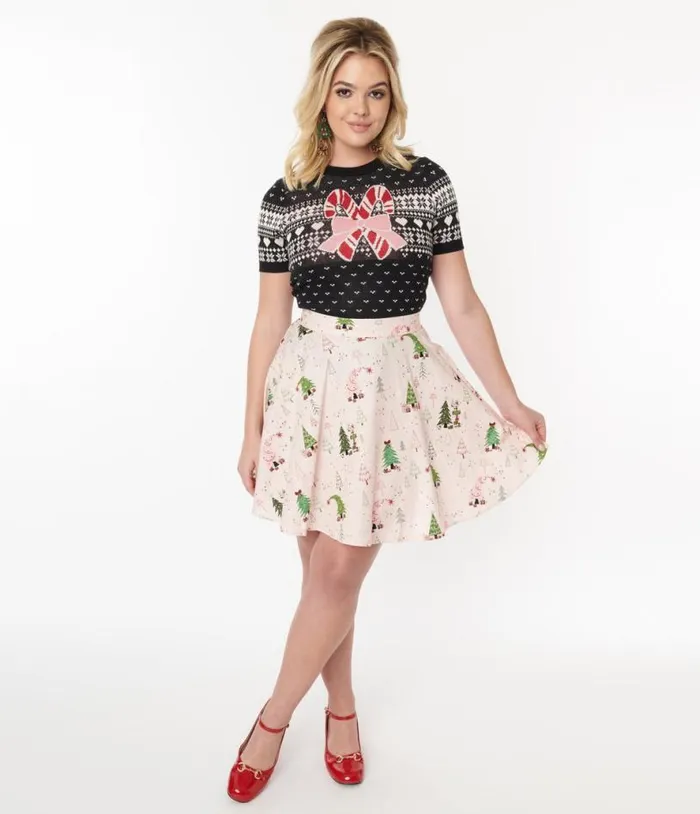 Retrolicious Pink and Christmas Tree Skater Skirt ClothingPlus Unique Vintage Skirts Retrolicious Pink and Christmas Tree Skater Skirt ClothingPlus Unique Vintage Skirts