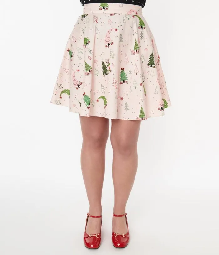 Retrolicious Pink and Christmas Tree Skater Skirt ClothingPlus Unique Vintage Skirts