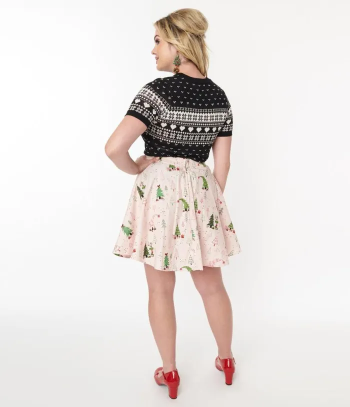 Retrolicious Pink and Christmas Tree Skater Skirt ClothingPlus Unique Vintage Skirts