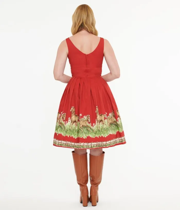 Retrospec039d Red and Greener Pastures Print Peggy Swing Dress DressesPlus Unique Vintage Swing