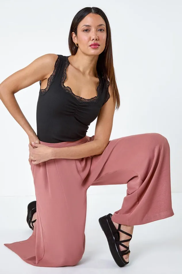 Rose Plain Elastic Waist Wide Leg Trouser Women Roman Trousers