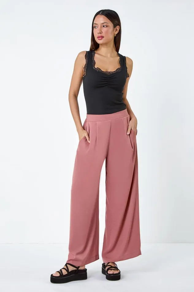 Rose Plain Elastic Waist Wide Leg Trouser Women Roman Trousers