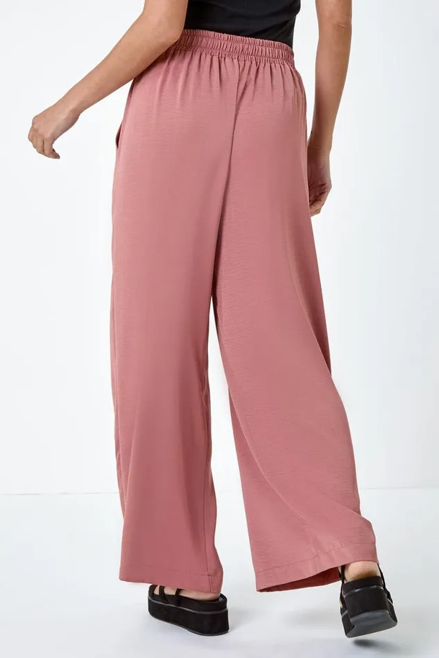 Rose Plain Elastic Waist Wide Leg Trouser Women Roman Trousers