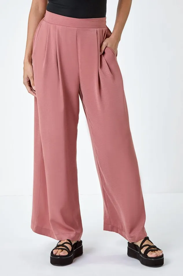 Rose Plain Elastic Waist Wide Leg Trouser Women Roman Trousers