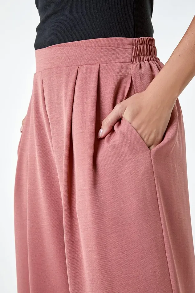 Rose Plain Elastic Waist Wide Leg Trouser Women Roman Trousers