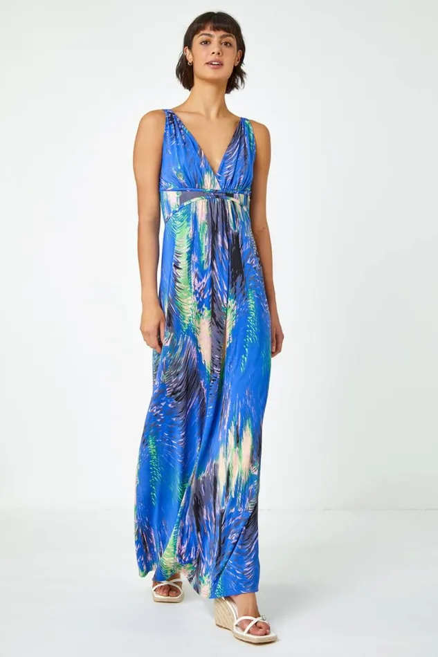 Royal Blue Abstract Print Maxi Stretch Dress Women Roman Dresses