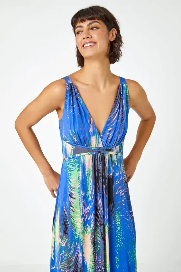 Royal Blue Abstract Print Maxi Stretch Dress Women Roman Dresses