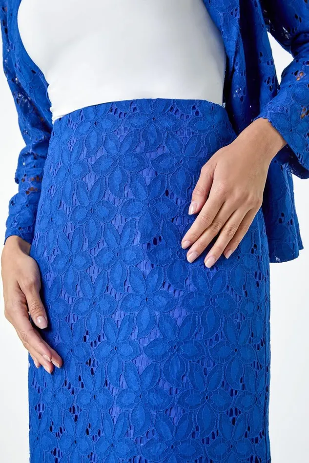 Royal Blue Cotton Blend Floral Lace A Line Skirt Women Roman Skirts