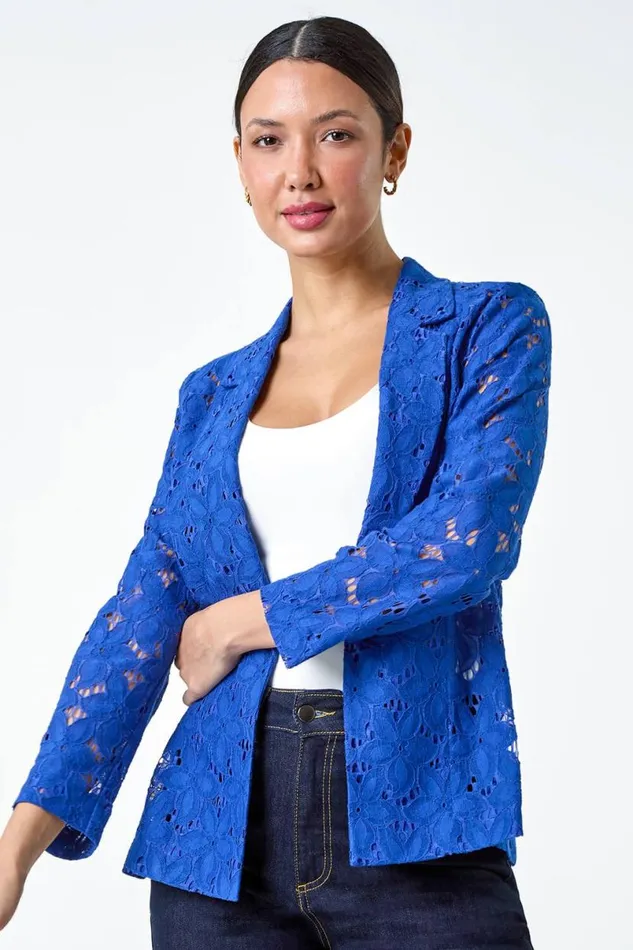 Royal Blue Cotton Blend Floral Lace Jacket Women Roman Jackets
