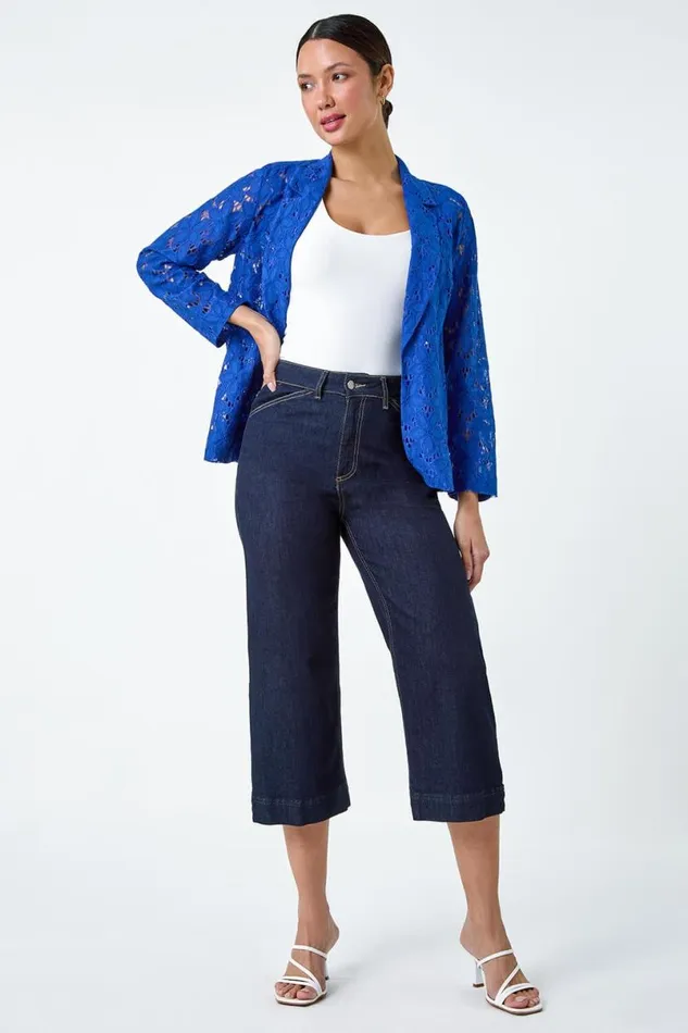 Royal Blue Cotton Blend Floral Lace Jacket Women Roman Jackets