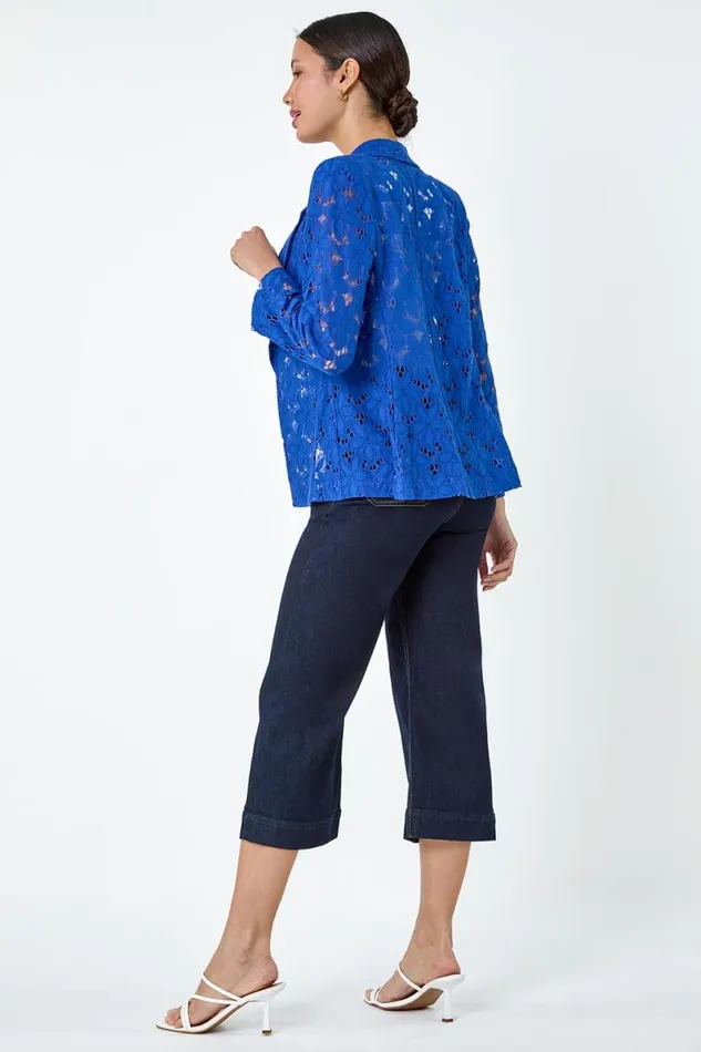 Royal Blue Cotton Blend Floral Lace Jacket Women Roman Jackets