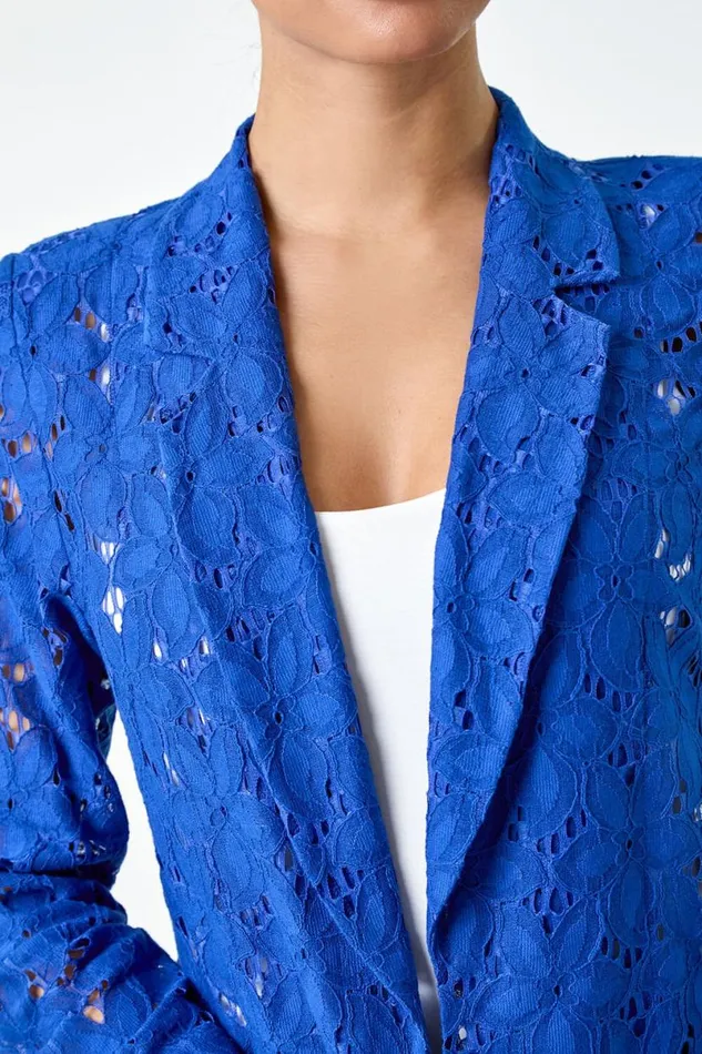 Royal Blue Cotton Blend Floral Lace Jacket Women Roman Jackets