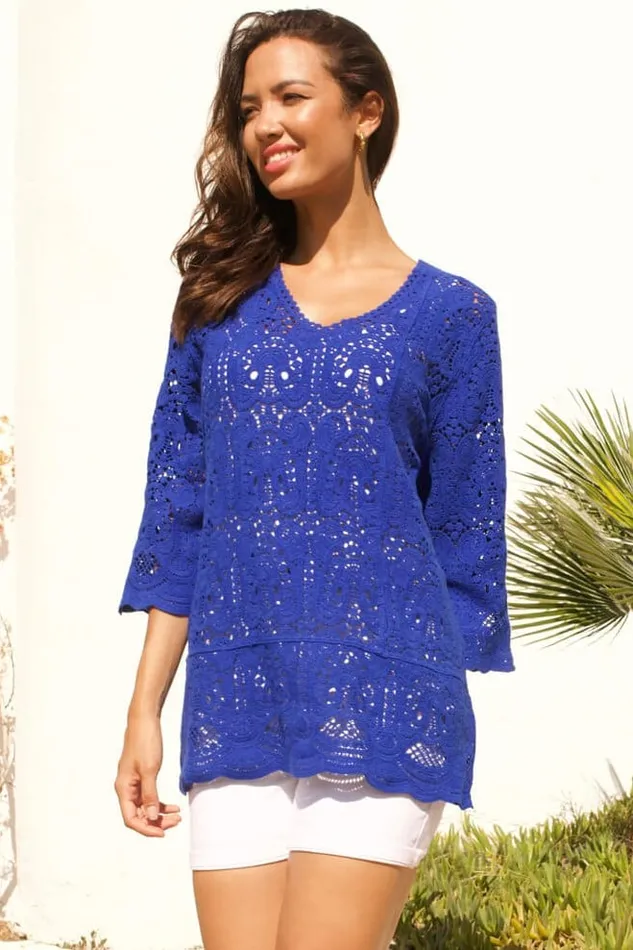 Royal Blue Cotton Crochet Tunic Top Women Roman Tops