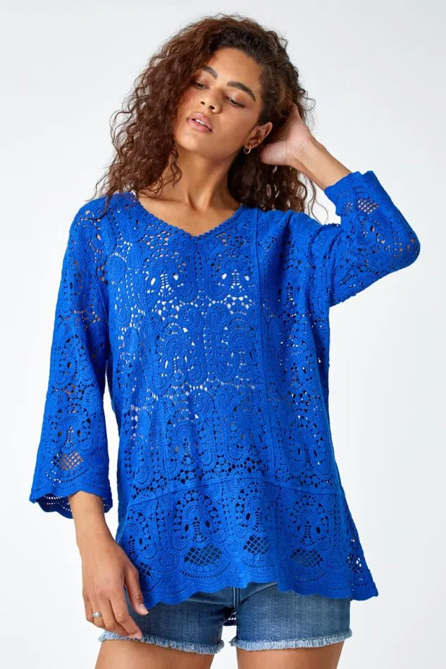 Royal Blue Cotton Crochet Tunic Top Women Roman Tops