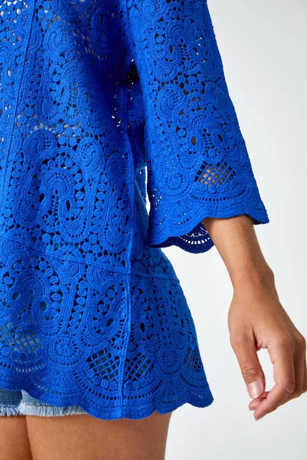 Royal Blue Cotton Crochet Tunic Top Women Roman Tops