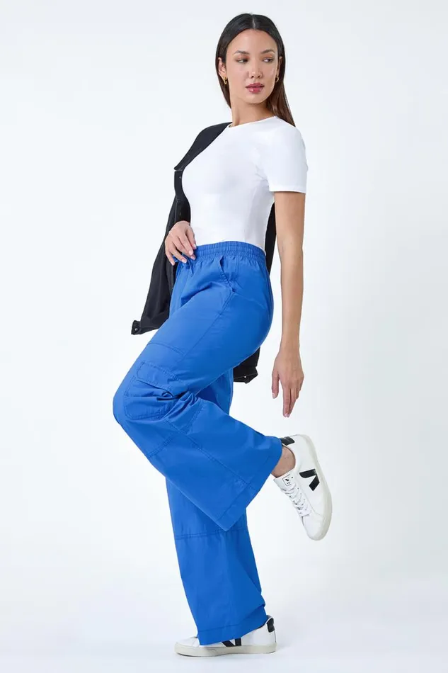 Royal Blue Cotton Elastic Waist Wide Leg Cargo Trousers Women Roman Trousers