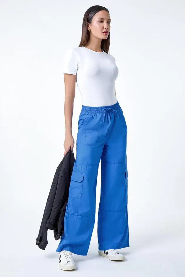 Royal Blue Cotton Elastic Waist Wide Leg Cargo Trousers Women Roman Trousers
