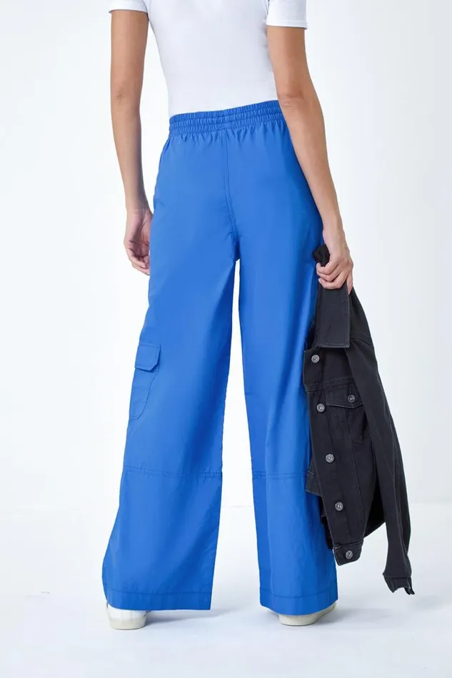Royal Blue Cotton Elastic Waist Wide Leg Cargo Trousers Women Roman Trousers