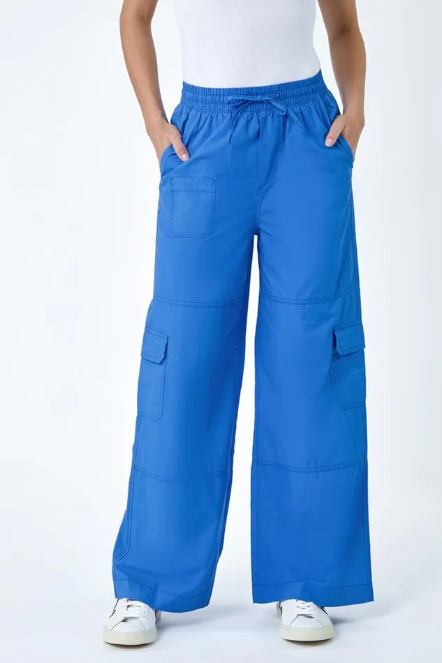 Royal Blue Cotton Elastic Waist Wide Leg Cargo Trousers Women Roman Trousers