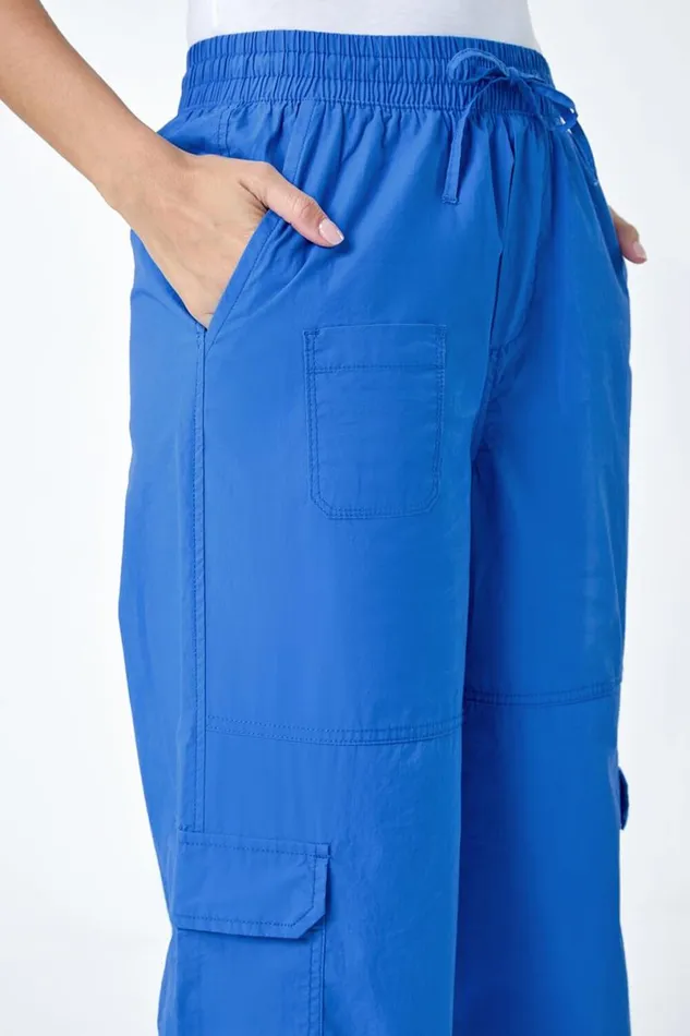 Royal Blue Cotton Elastic Waist Wide Leg Cargo Trousers Women Roman Trousers