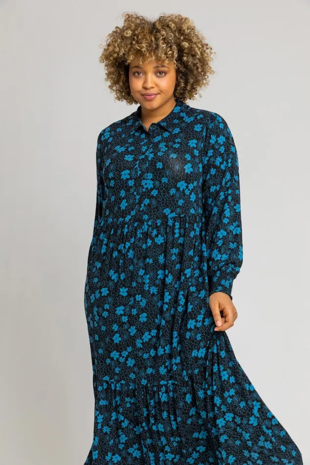 Royal Blue Curve Linear Floral Shirt Dress Women Roman Dresses
