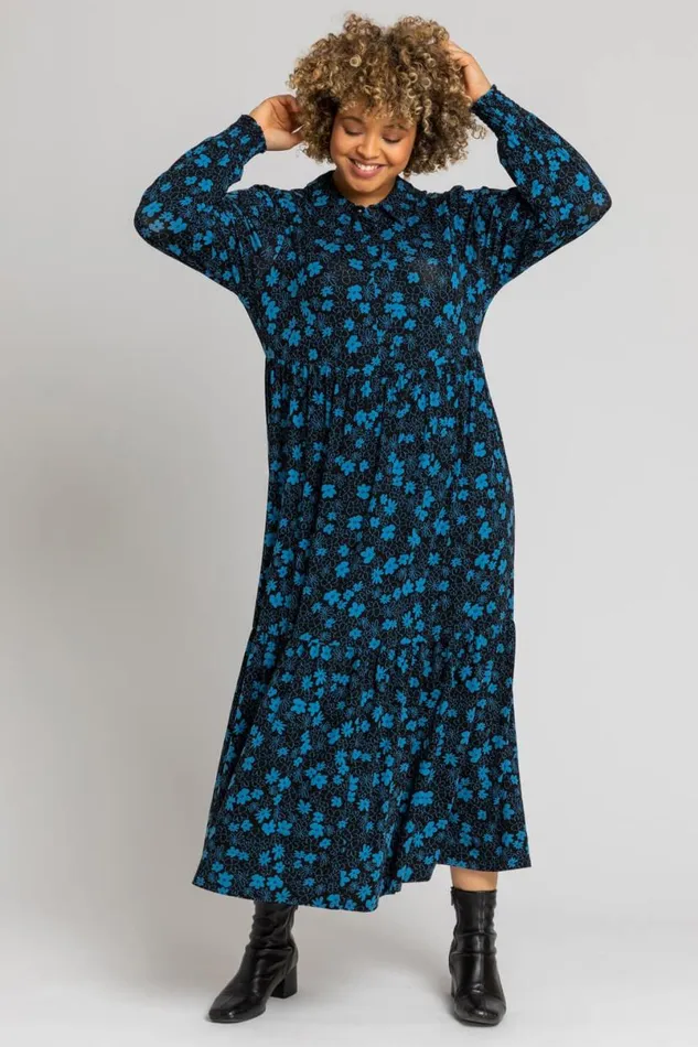 Royal Blue Curve Linear Floral Shirt Dress Women Roman Dresses