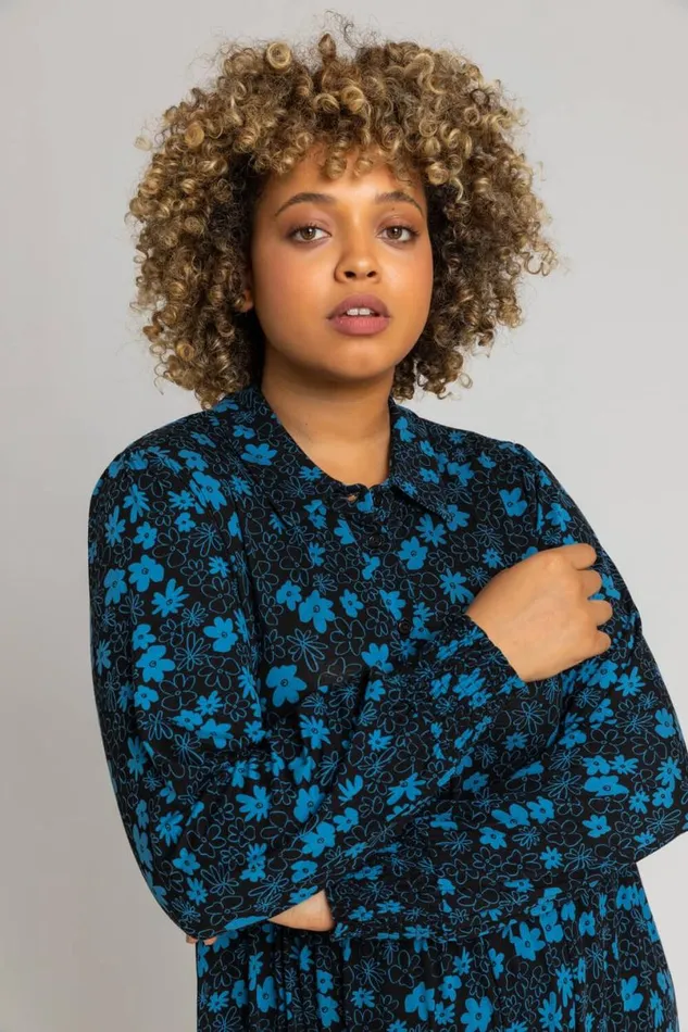 Royal Blue Curve Linear Floral Shirt Dress Women Roman Dresses