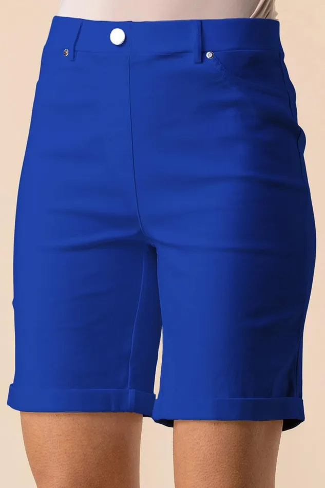 Royal Blue Elastic Waist Turn Up Stretch Shorts Women Roman Occasionwear