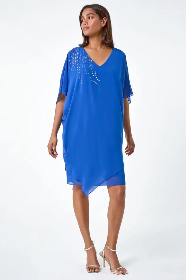 Royal Blue Embellished Cold Shoulder Overlay Dress Women Roman Dresses