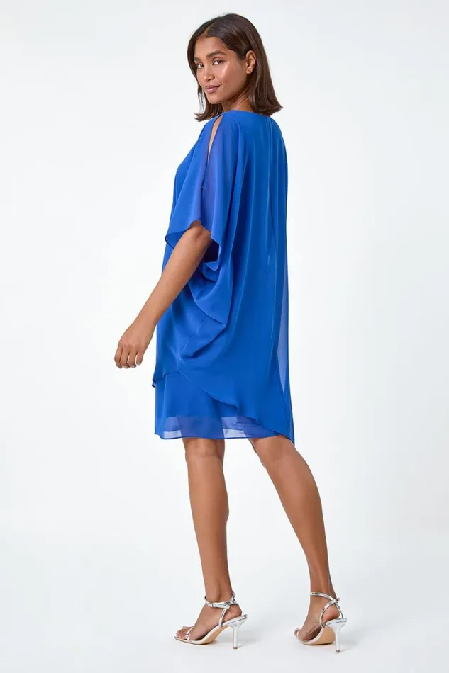 Royal Blue Embellished Cold Shoulder Overlay Dress Women Roman Dresses