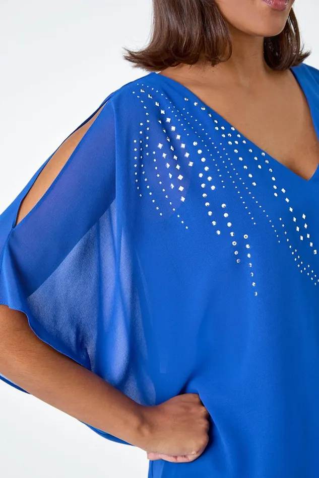 Royal Blue Embellished Cold Shoulder Overlay Dress Women Roman Dresses