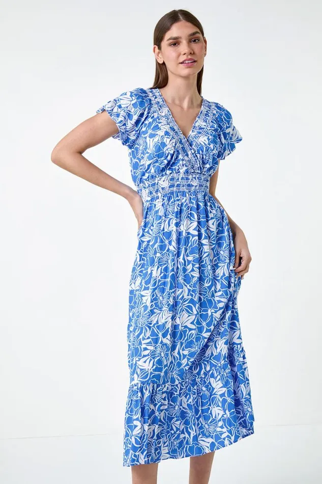 Royal Blue Floral Print Shirred Midi Dress Women Roman Dresses
